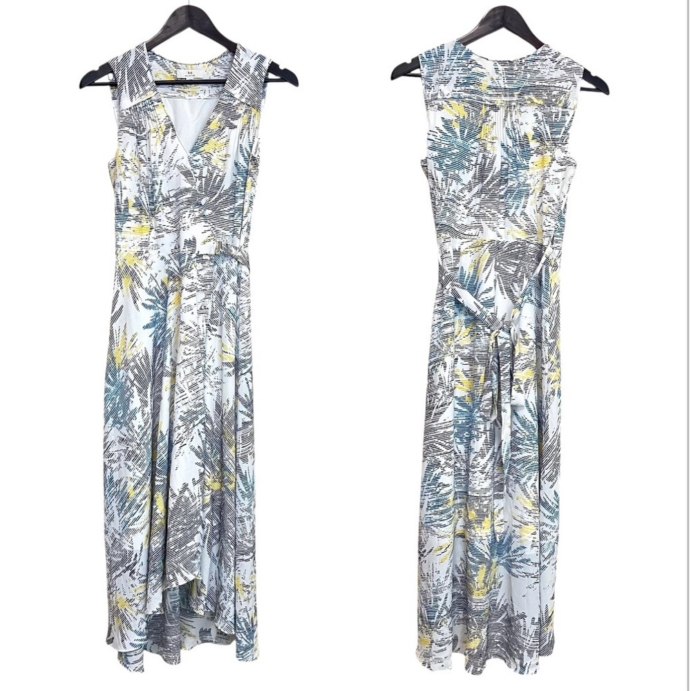 Halston Abstract Line Art Botanical Tropical Floral Midi Wrap Dress